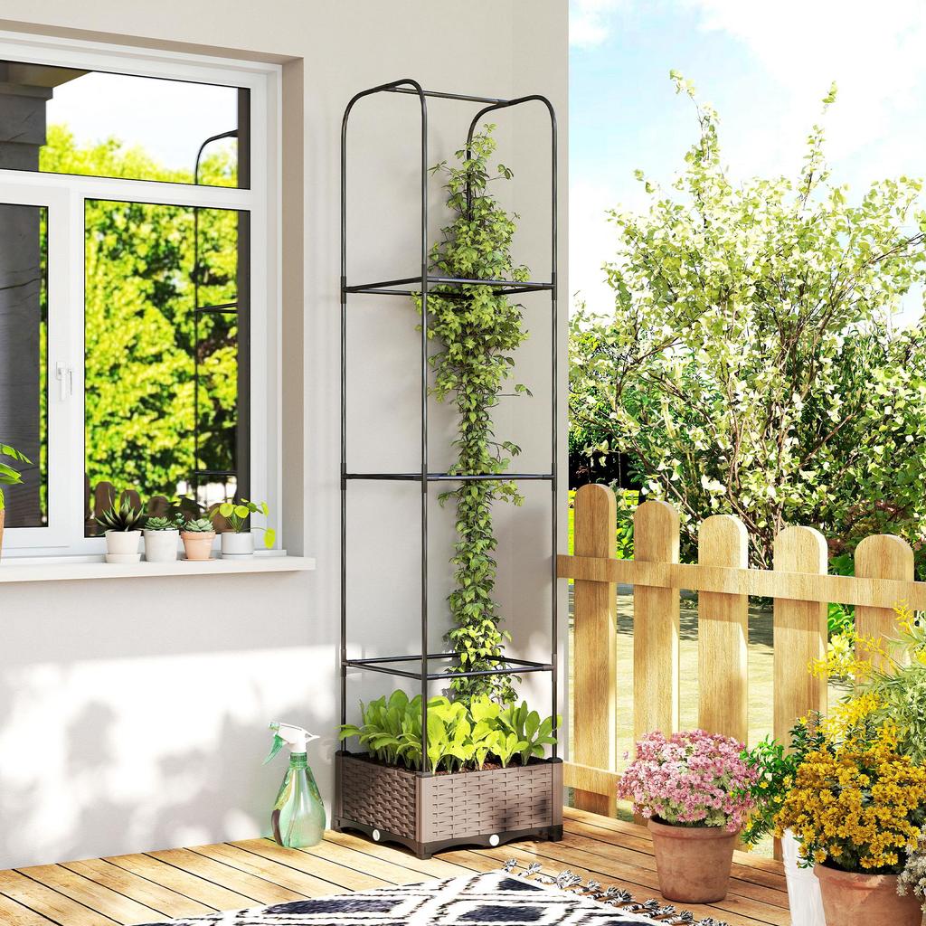 Raised Garden Bed With Trellis Plastic Planter Box With Drainage Holes Drain Plugs And Water Reservoirs