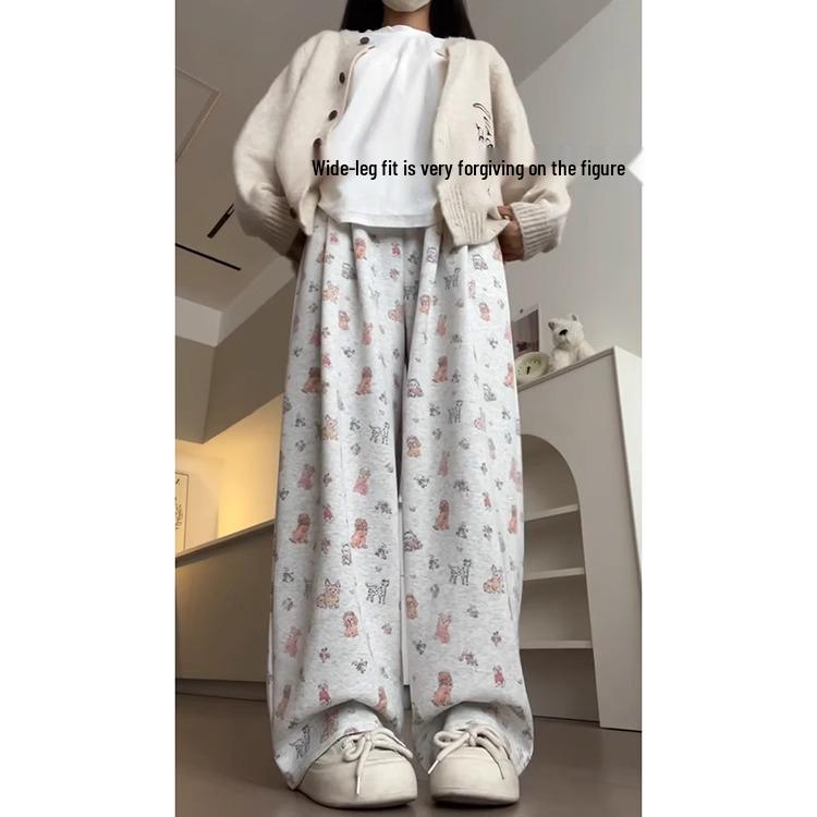 Women's Korean Style Cartoon Puppy Print Straight-Leg Pants - Cute, Versatile Casual Wear for Spring & Autumn 2025