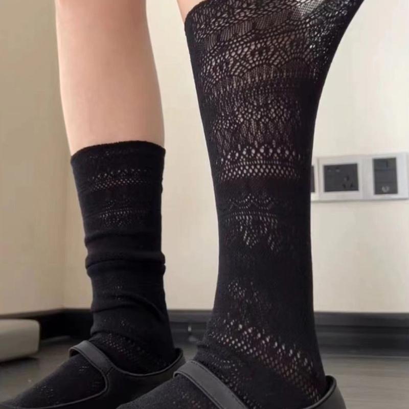 1 Pairs Women Lace Trimmed Knee High Socks Summer Hollow Out Design Lightweight Breathable Soft Comfortable Casual Socks