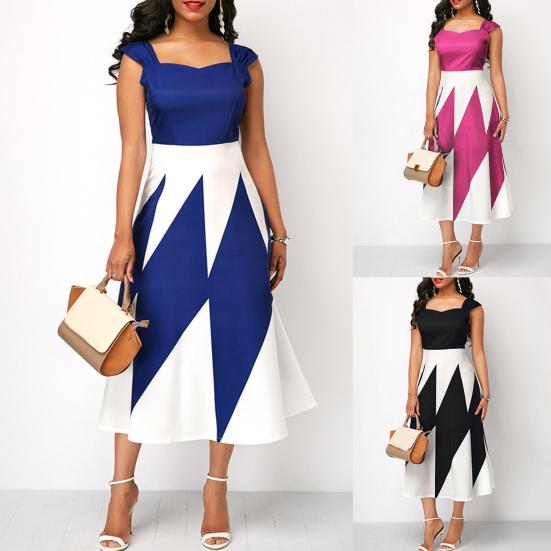 

Женское вечернее платье трапециевидной формы с квадратным вырезом без рукавов и высоким миди с цветными блоками на талии