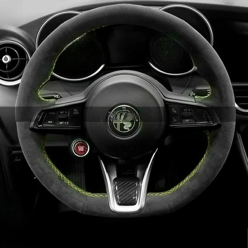 Hand Stitched Renovation Non-slip Wear-resistant Black Leather For Alfa Romeo Stelvio Giulia 2020-2022 Car Steering Wheel Cover