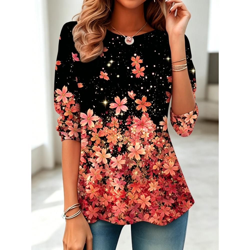 Women's Long Sleeve Crew Neck Pink Floral Glitter Print Casual T-Shirt, Regular Tops for Spring Summer Daily Party Wear