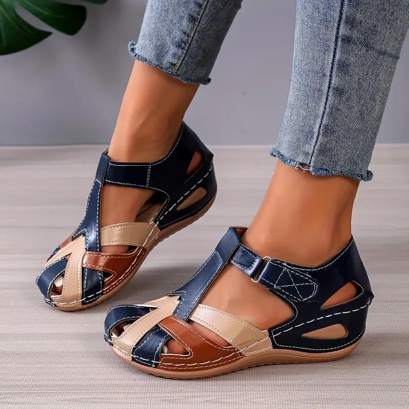 

Модные женские повседневные босоножки на танкетке с закрытым носком из искусственной кожи, удобные летние сандалии, модные дышащие женские сандалии 35 синий