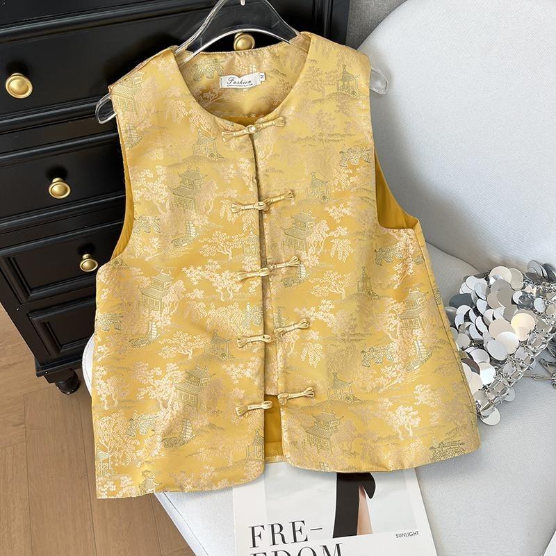 

Кнопочный жаккардовый жилет без рукавов Жилет Женский Весна 2025 Высокая мода Свободный топ 3XL (recommended 138-75kg) жёлтый