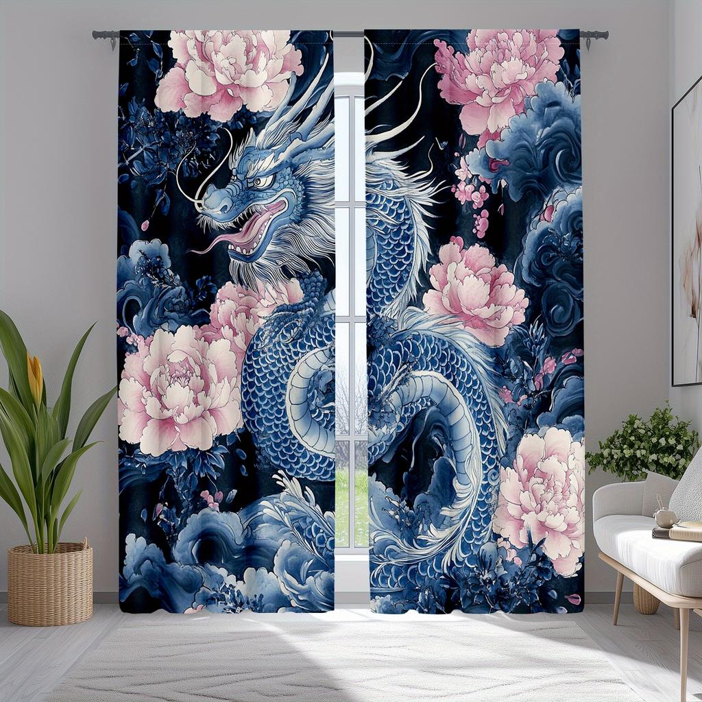 2pcs Japanese Dragon and Flower Curtains   Ancient Mythical Creatures Window Drapes