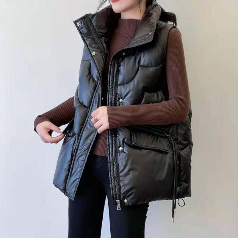 Autumn Winter Women`s Down Cotton Vest Fashion Stand Collar Bright Sleeveless Padded Coat Casual Trend Women Vest Jacket