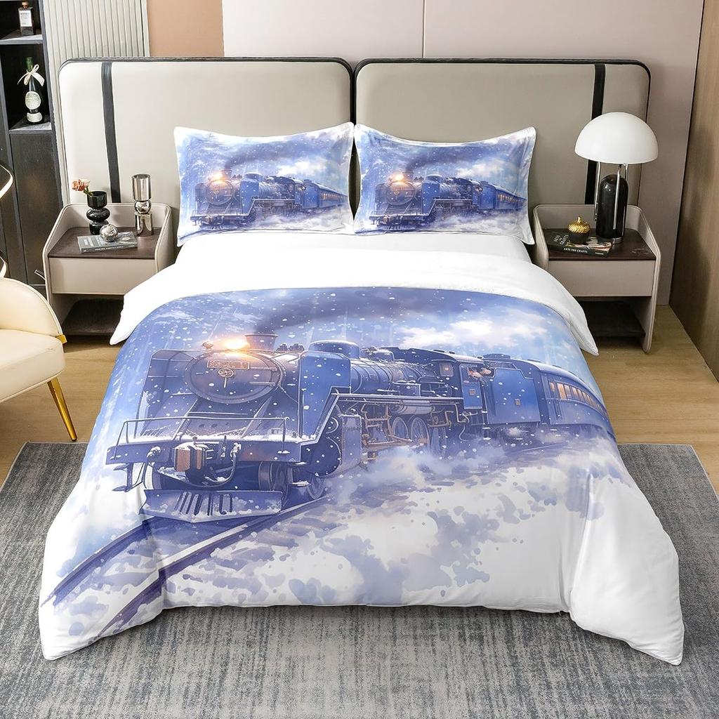 Winter Snow Train Duvet Covers For Kids Teens Queen Size Lightweight Quilt Covers Train Railway Track Bedding Set No Comforter