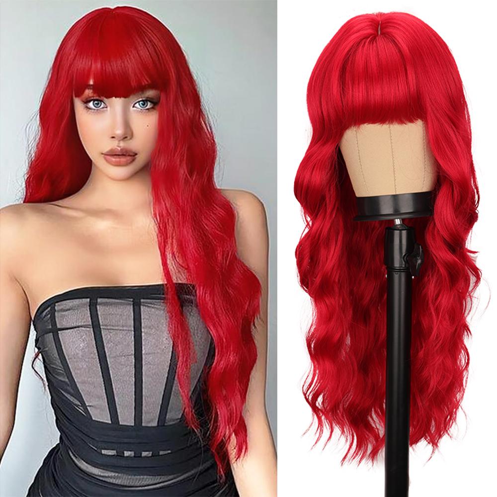 Long Auburn Wigs with Bangs Long Wavy Wigs for Women 26 Inch Copper Red Middle Part Copper Wavy Wig Natural Looking Synthetic Auburn Long Wig