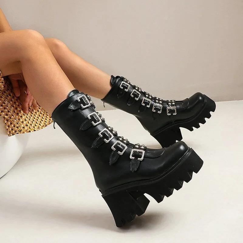 Fashion Women's Gothic Boots Punk Style Motorcycle Boot Luxury Mid-calf Leather Booties High-heel Platform Boots Halloween Cosplay Boots