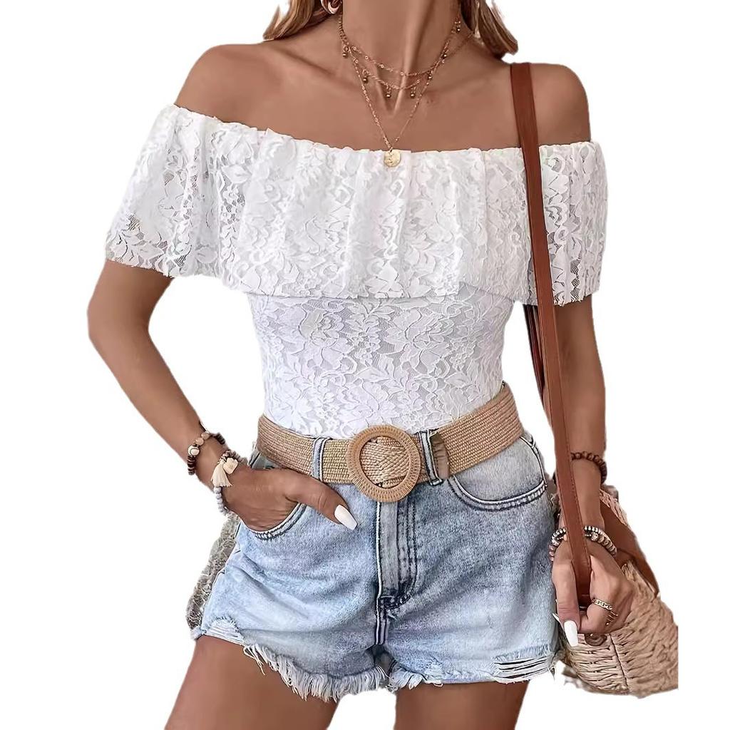 Women's Solid Colour One Neck Strapless Ruffle Lace Slim Slim T-Shirt
