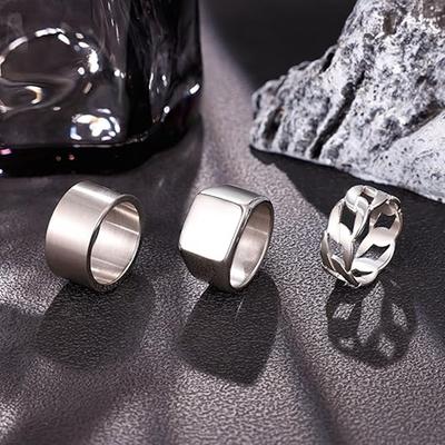 3Pcs Stainless Steel Signet Rings Chunky Wide Band for Men Women Cuban Link Chain Fashion Matte Finish Comfort Fit