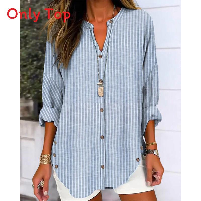 Women Autumn Winter Long Sleeve Stripe Shirt With 3d Effect And Button Details For Casual Office Wear
