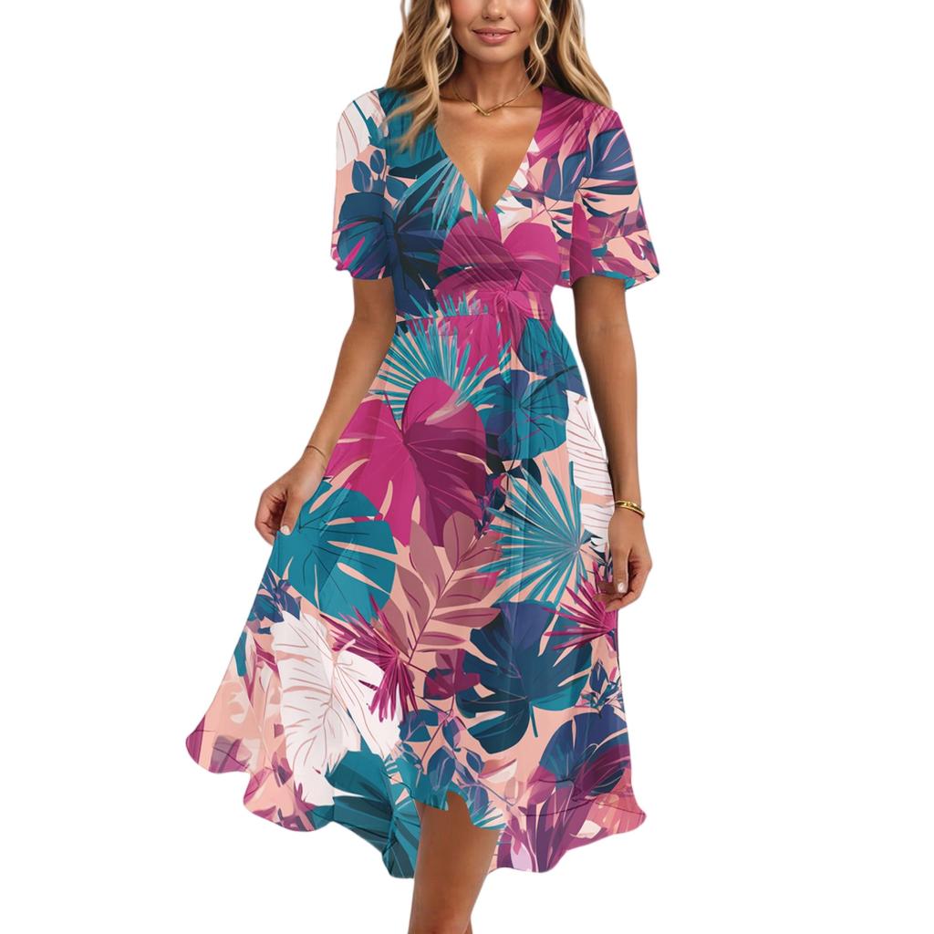 Women's Fashion Casual V Neck Short Sleeve Ruffled Vintage Printed Dresses