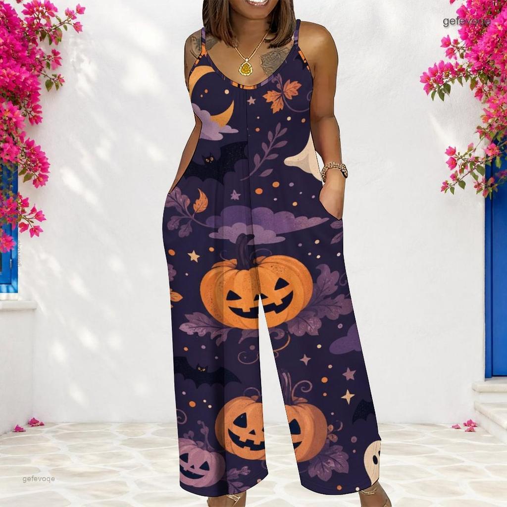 Women Spaghetti Strap Jumpsuit Retro Pop Art Star Heart Cosmic Print Wide Leg Pants With Pockets
