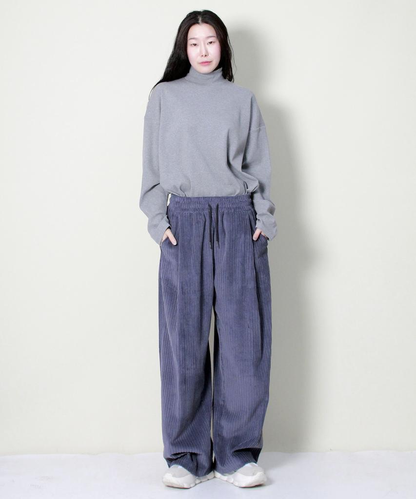 Deumakeu Wide-Fit Corduroy One-Pleat Elastic Pants Grayish Blue