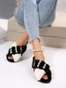 Fashion Fashion Mix Color Faux Fur Slides Women 2025 Winter Luxury Pearl Glitter Cotton Indoor Slippers Warm Short Plush Slippers