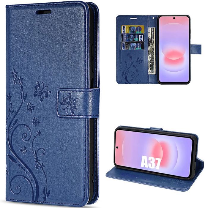 Coque pour Samsung Galaxy A37 5G, Protection Antichoc Anti-Rayures Cuir PU Bleu Marine Motif Fleur