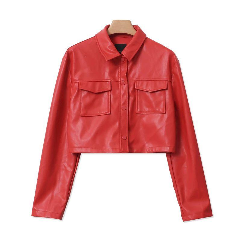 

Короткое пальто из искусственной кожи PU, осень, новинка, женская одежда для внешней торговли, модное, свободного кроя, с лацканами, на однобортной застежке, с длинными рукавами, топ 31673 Red B- 14-16-1 S