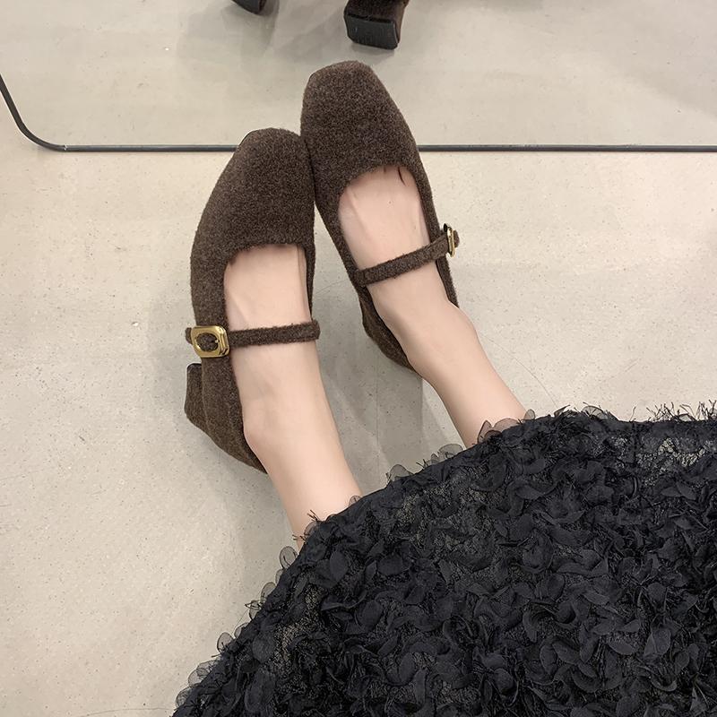 Designer Square Toe Woman Mary Jane Shoes Elegant Thick Heel Dress Shoes Outdoor Comfortable Fleece Lined Ladies Pumps Shoes