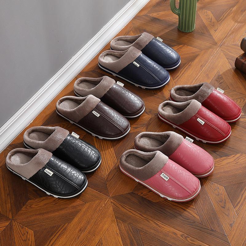 Women's Waterproof PU House Slippers Indoor Outdoor Non-Slip Plush Fleece Lined Comfortable Warm Winter Shoes Fall Fashion