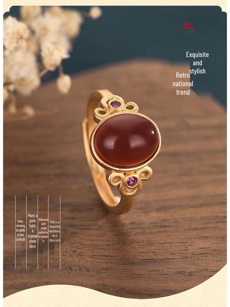 Antique Gold Inlaid Red Agate Open Ring – Versatile Ladies Design