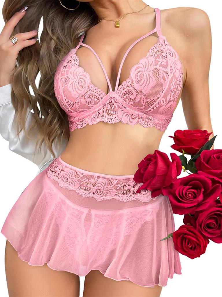 Sexy Mini Skirt with Thong Floral Lace Sheer Bralette Lingerie Set 3 Piece Otufits