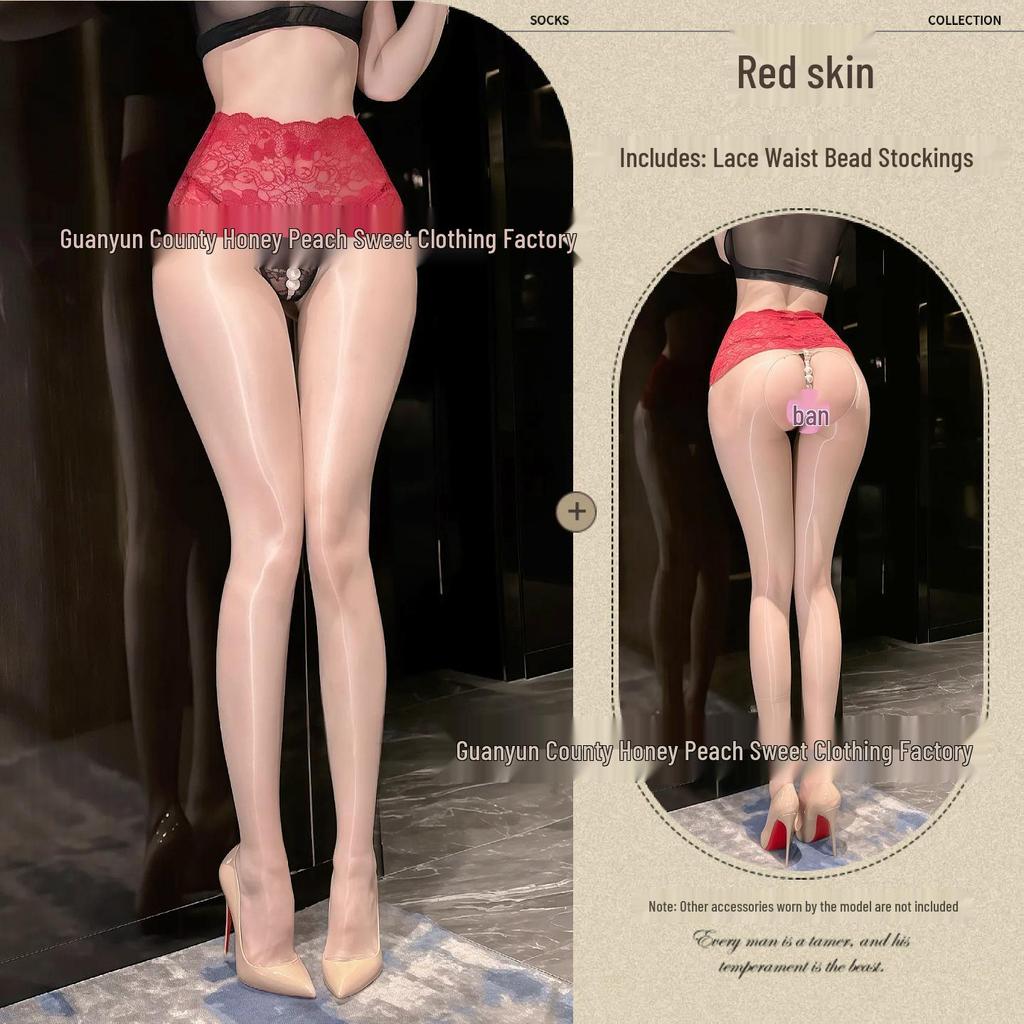 Shiny Black Pearl Lingerie Bodysuit with Lace Waist, See-Through Design, and Open Crotch.