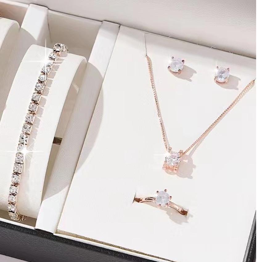 Chic Rhinestone Zircon Jewelry Set: Necklace, Earrings, Ring & Watch for Women