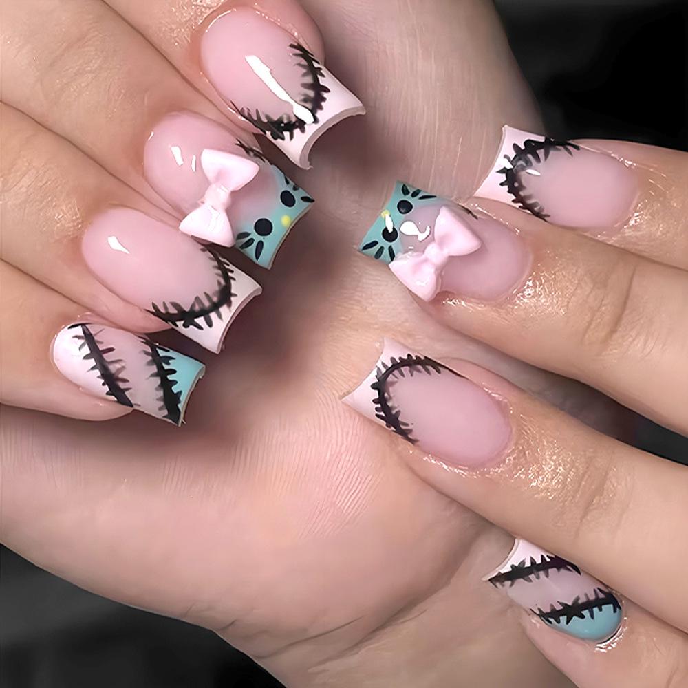 Glossy Black Square Nails with 3D Bows and Leopard Print – Versatile Daily Wear False Nails