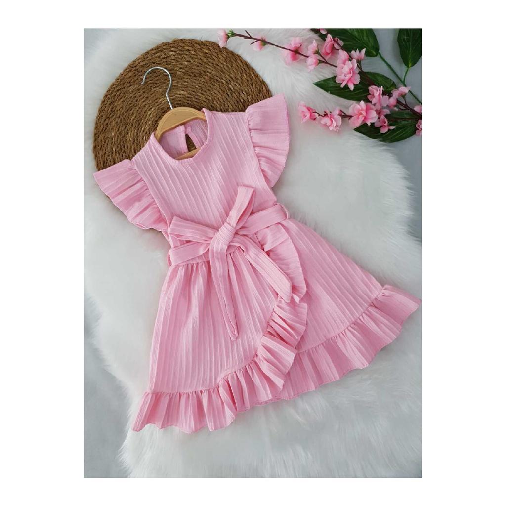 Sax Blue Girls' Summer Frilly Dress - Stylish Girls' Dress With Lycra Belt - Age 2-8