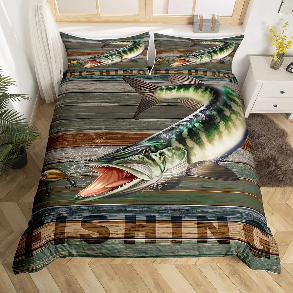 Pike Fish Bedding Striped Bass Big Pattern Hunting and Fishing Themed Duvet Cover for Kids Boys BedRoom Decorations for Teens