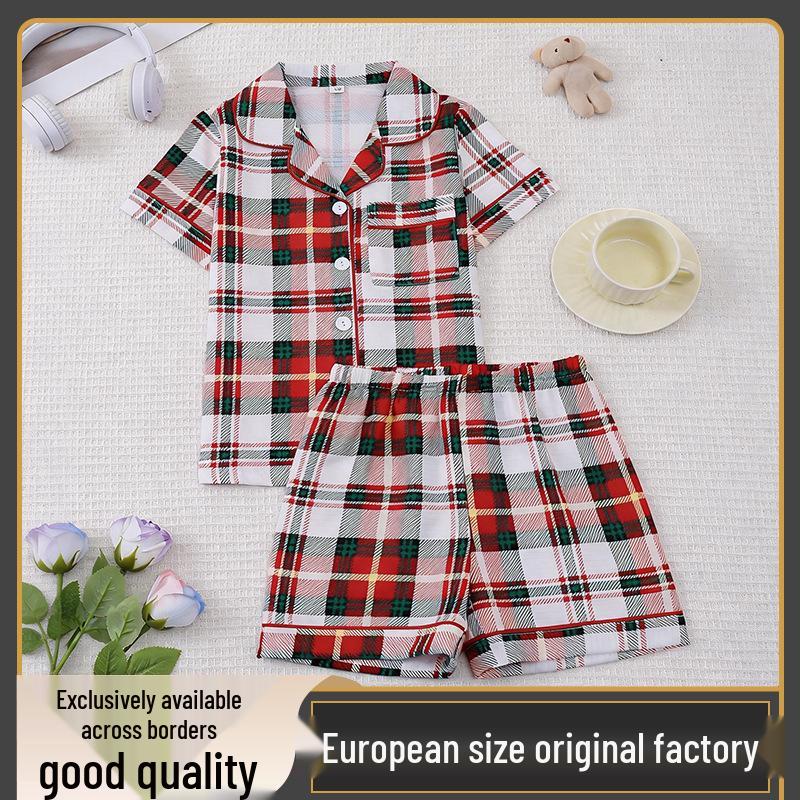Plaid Girls Pajama Set - Short Sleeve & Shorts for Summer 140 cm