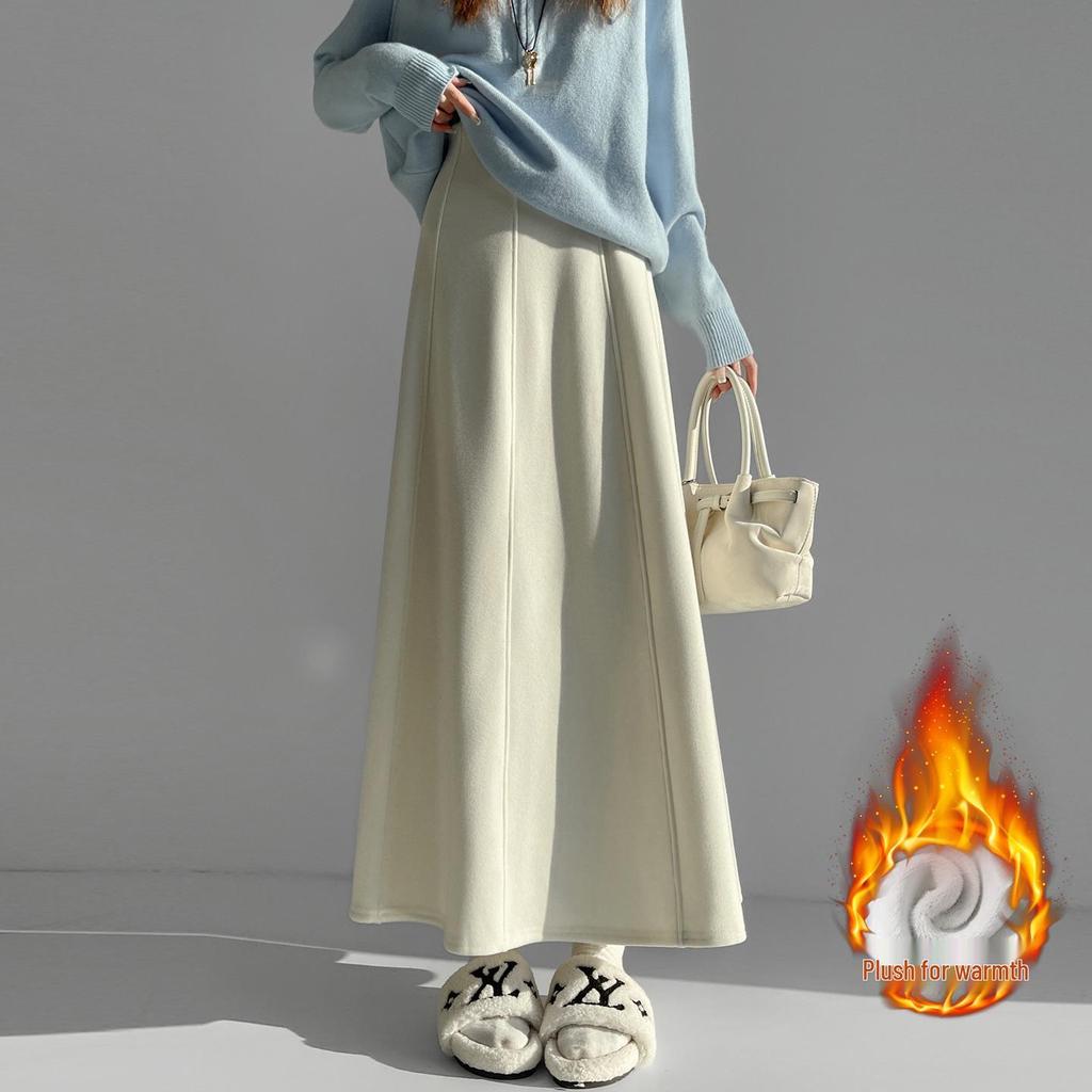 Design-Sense Thick Woolen A-Line Long Umbrella Skirt for Women - High-Waisted, Hip-Covering Autumn/Winter Style