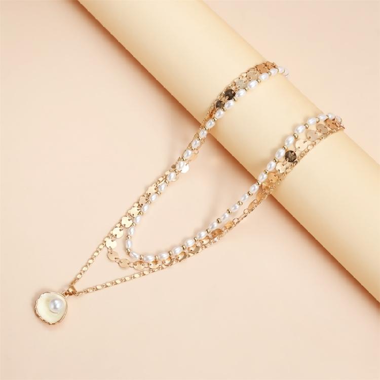 Versatile Geometric Shell Pearls Drop Necklace Adjustable Alloy Collarbone Chain For Creative Styling Expression