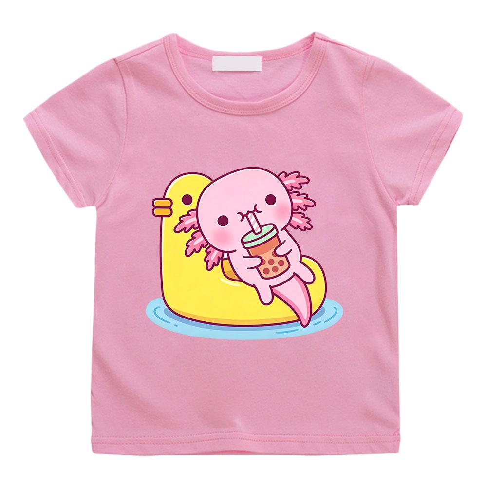 Cute Pink Axolotl Children's T-shirt Cartoon Print 100 %Cotton Tees Round Neck Boys Girls Short Sleeve Casual Kids Top Summer
