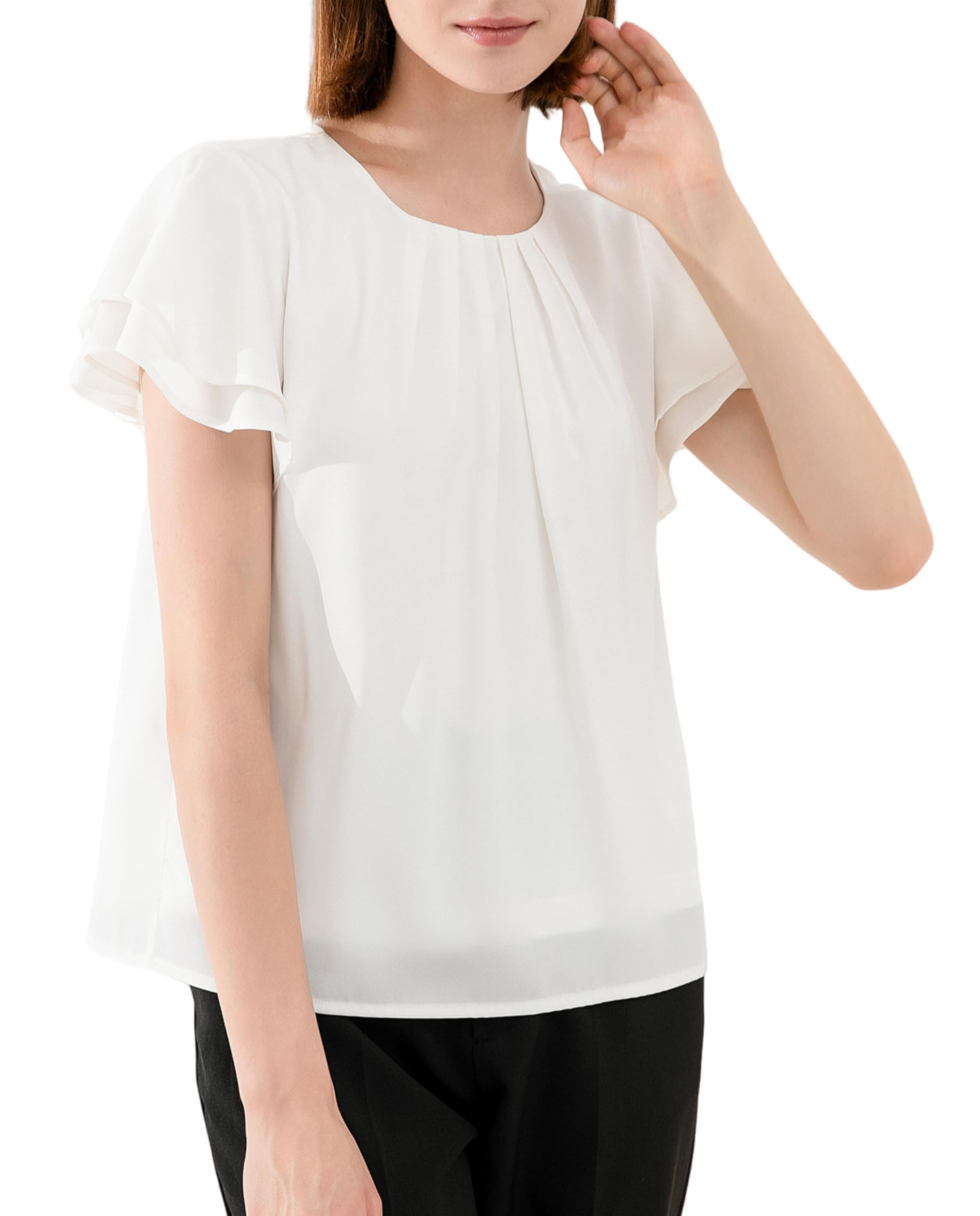 

Короткая расклешенная шифоновая блузка свободного кроя, размер L [YASHIGE], рукав, рубашка, женский топ, моющийся, жоржет, аккуратный, сшитый, на подкладке, для работы, белый