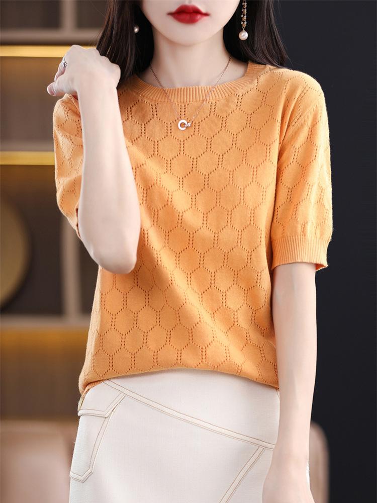 Fashionable Hollow Cotton Knitted Short-sleeved T-shirt for Women In Summer New Round Neck Loose T-shirt Half-sleeved Top
