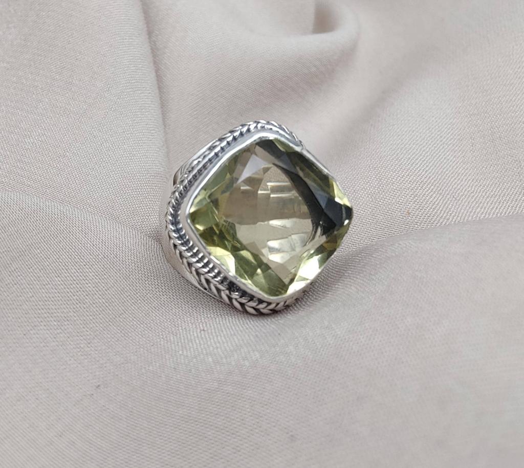 Lemon Quartz 925 Sterling Silver Statement Ring: Boho Vintage Style