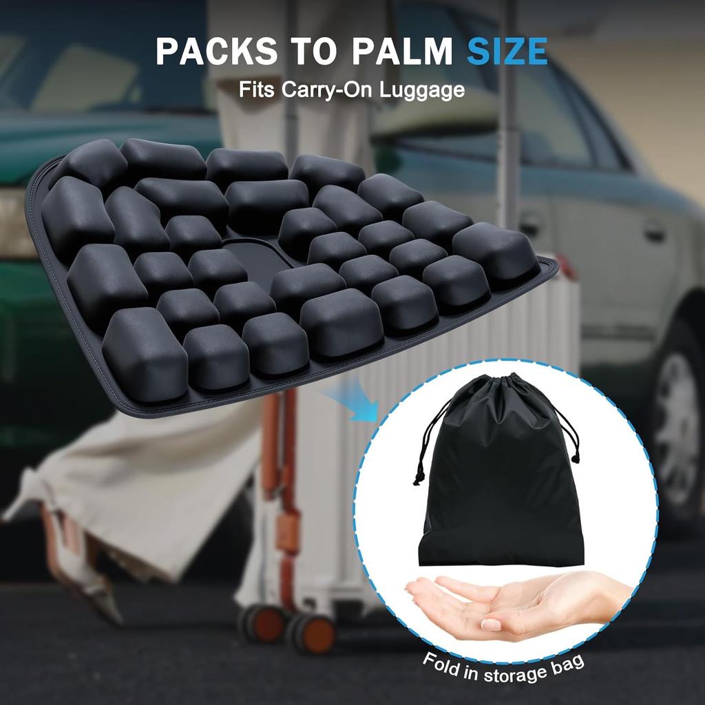 כרית נסיעות למטוס, כרית מושב מתנפחת ניידת לכיסא משרדי, רכב, כיסא גלגלים | תמיכת אוויר מתכווננת | עיצוב מתקפל קומפקטי