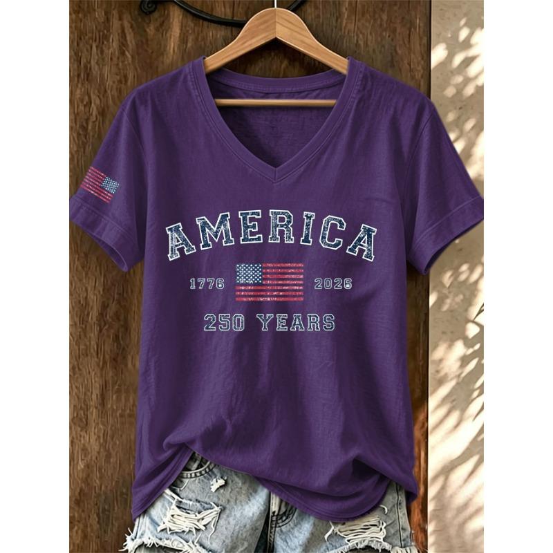 ilstile Women's America 250 Years Print T-Shirts Summer Short Sleeve Casual Loose T Shirt V Neck Tops White Tees Hot Sale