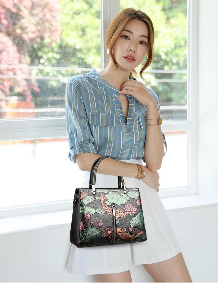 Johnature National Style Women Leather Bag Vintage Large Capacity Handbag Handmade Embossed Shoulder & Crossbody Bags
