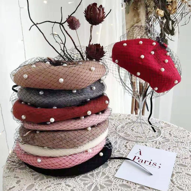 Autumn and winter woolen pearl mesh beret children British retro painter hat pumpkin bud hat tide
