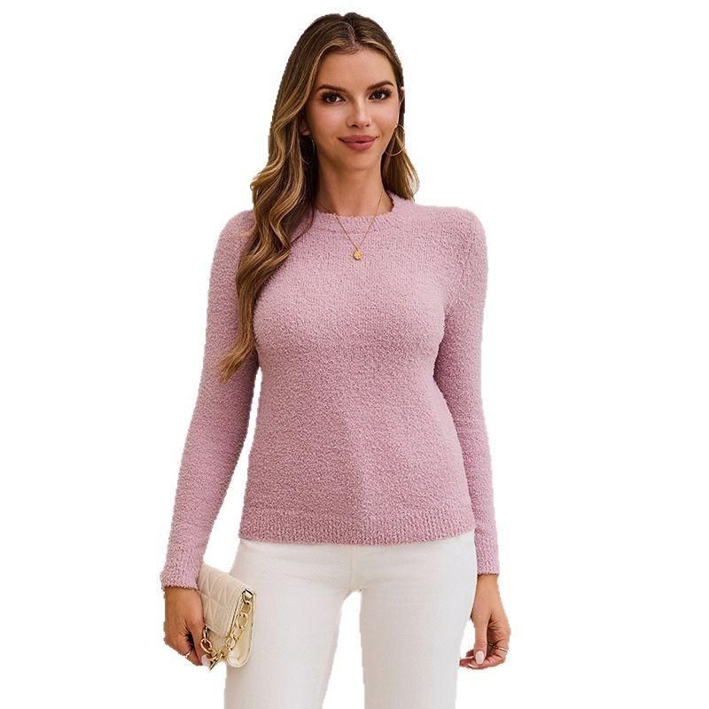 Simple and Loose Solid-color Round-neck Sweater for Women's Spring New Collection, Petite and Laid-back Style Fitted Knitted Sweater Top
