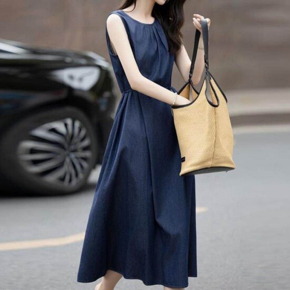 Navava Casual Waist Belt Shirring Round Neck Sleeveless Dress No980