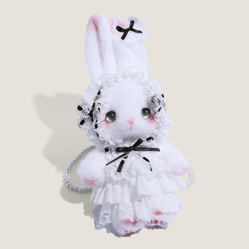Girl Rabbit Plush Crossbody Bag With Pearl Chain And Lace For Daily Use