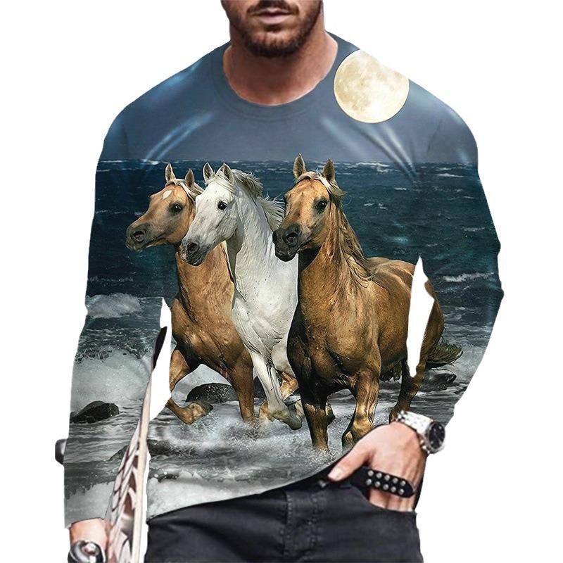 Spring and Autumn Round Neck Horse 3D Printed Top Fashionable Casual Long Sleeved Men's T-shirts