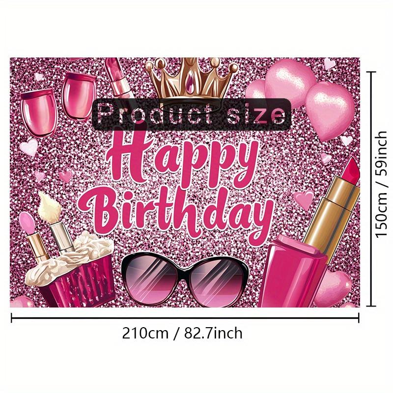 A birthday greeting banner with a shining pink glitter, accompanied by items related to makeup and hairstyling themes