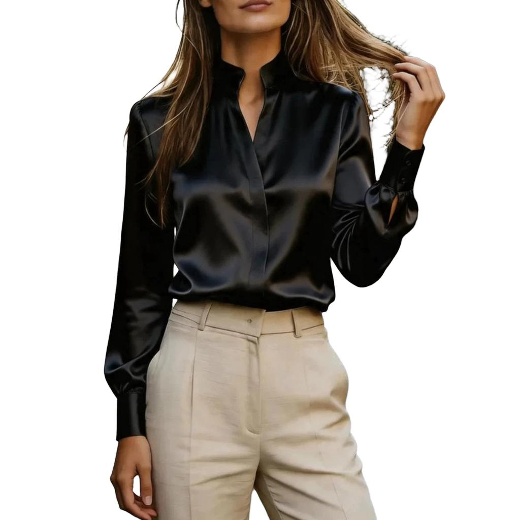 Women's V Neck Satin Blouse Long Sleeve Color Work Top