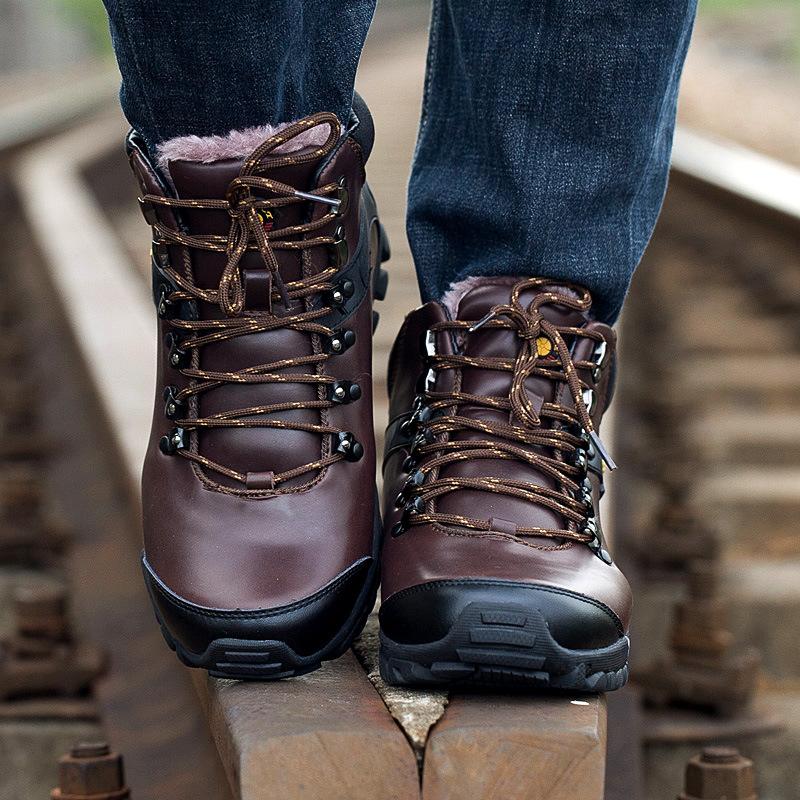 New autumn and winter leather hiking shoes men's outdoor shoes travel shoes high-top hiking shoes waterproof velvet climbing shoes