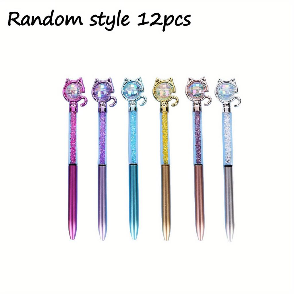 12pcs/Lot Cute Cat Diamond Ballpoint Pen Creative Cat Tail Ball Pens Kawaii Kitten Blue Ink Writing Pen School Office Stationery